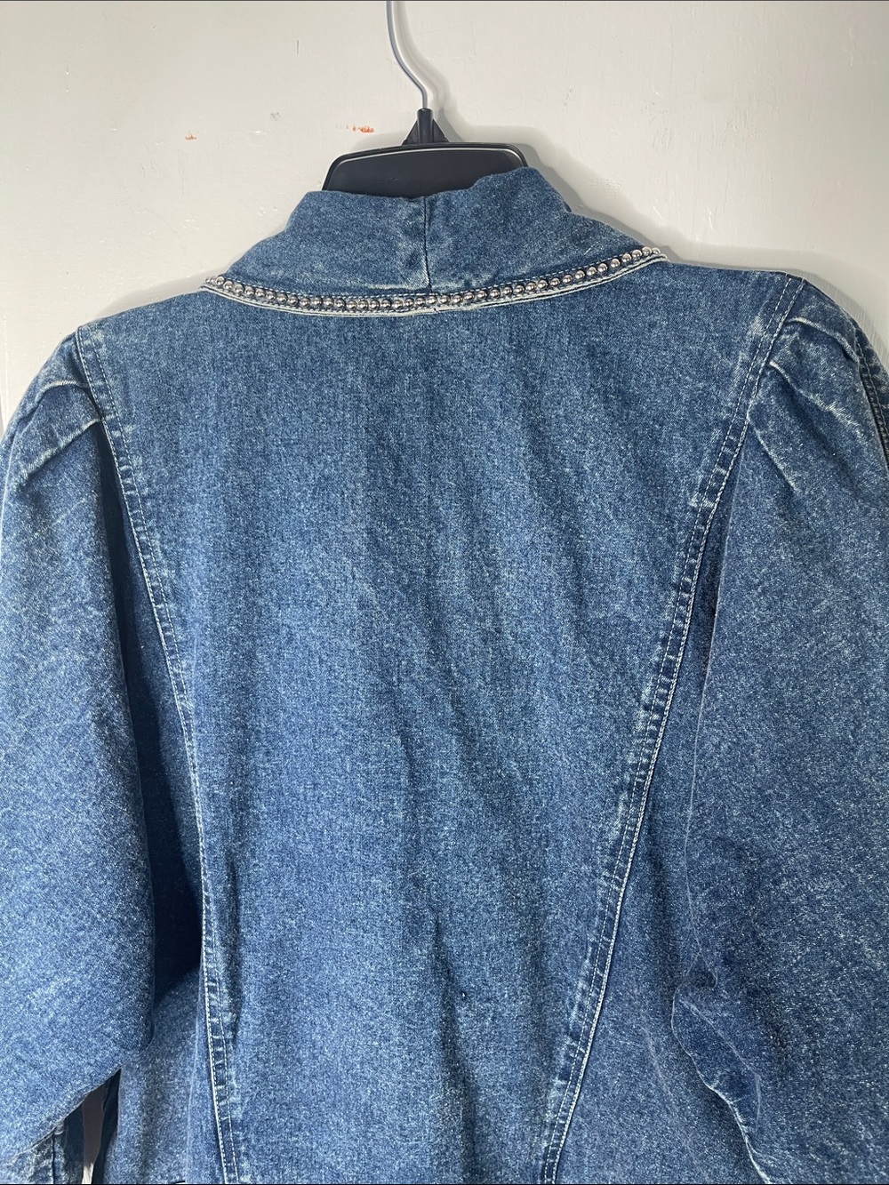 Vintage Denim Sequins Jacket 80s Large Beaded Cotton Long Length Golden Girls L - Picture 7 of 16